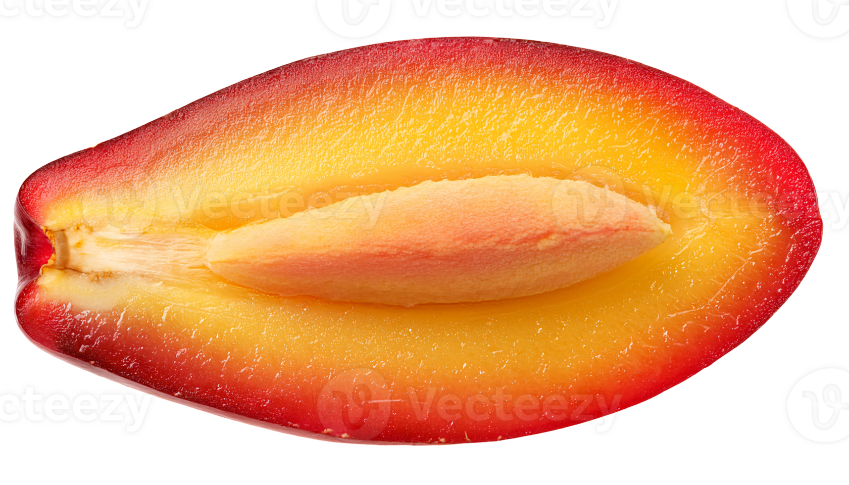 macro photograph of a ripe plum fruit cut in half showing seed and vibrant yellow-orange juicy flesh on isolated background for healthy food and fruit design png
