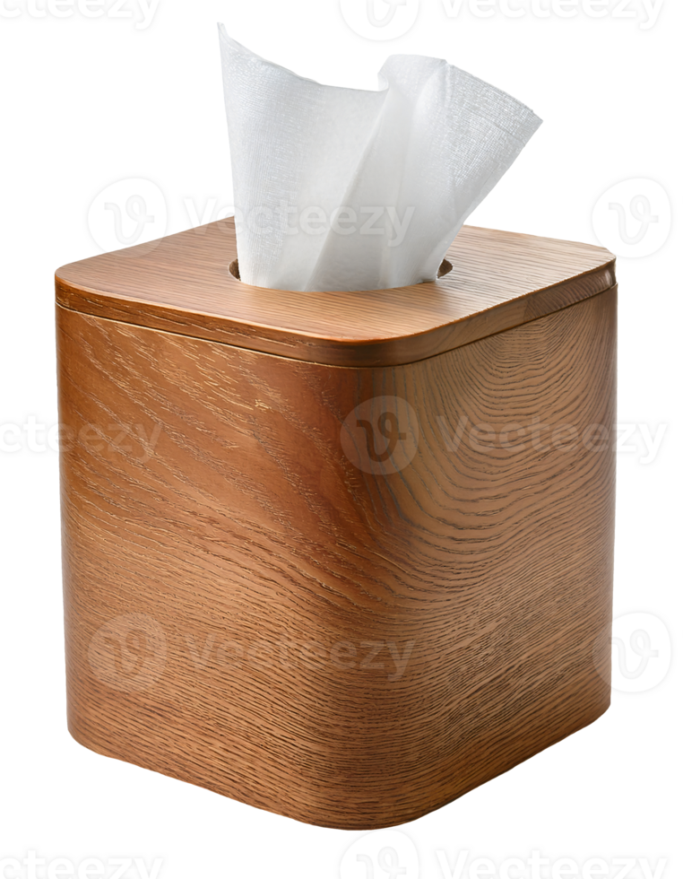 modern wooden square tissue box holder with curved corner design and visible wood grain texture with white paper napkin on isolated background png
