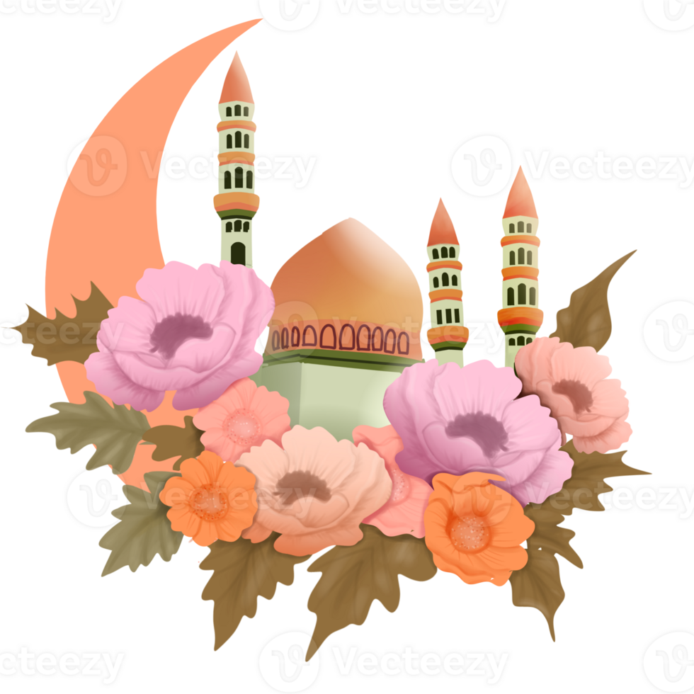 A mosque and flowers with a crescent moon png