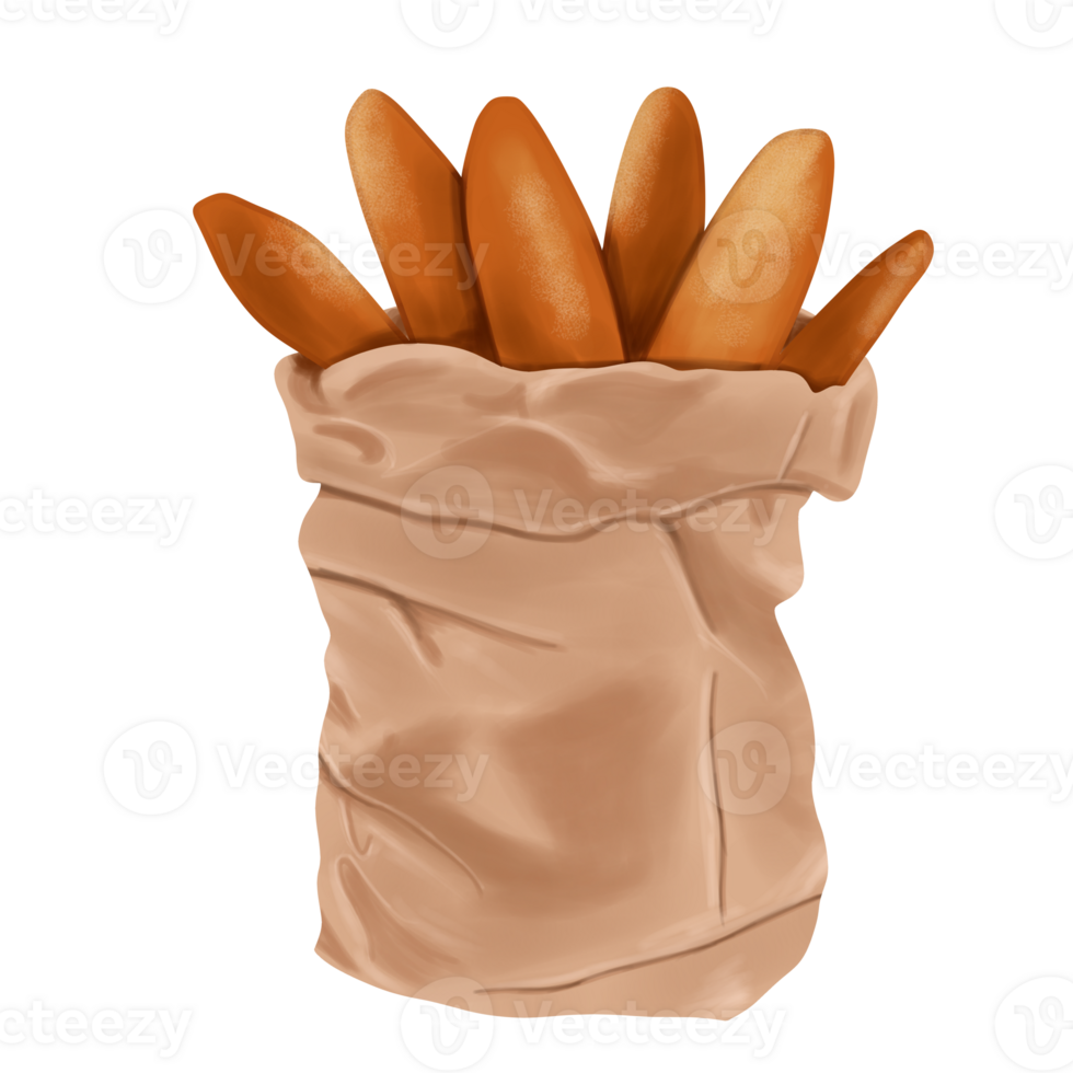 Baguette on paper bag illustration png