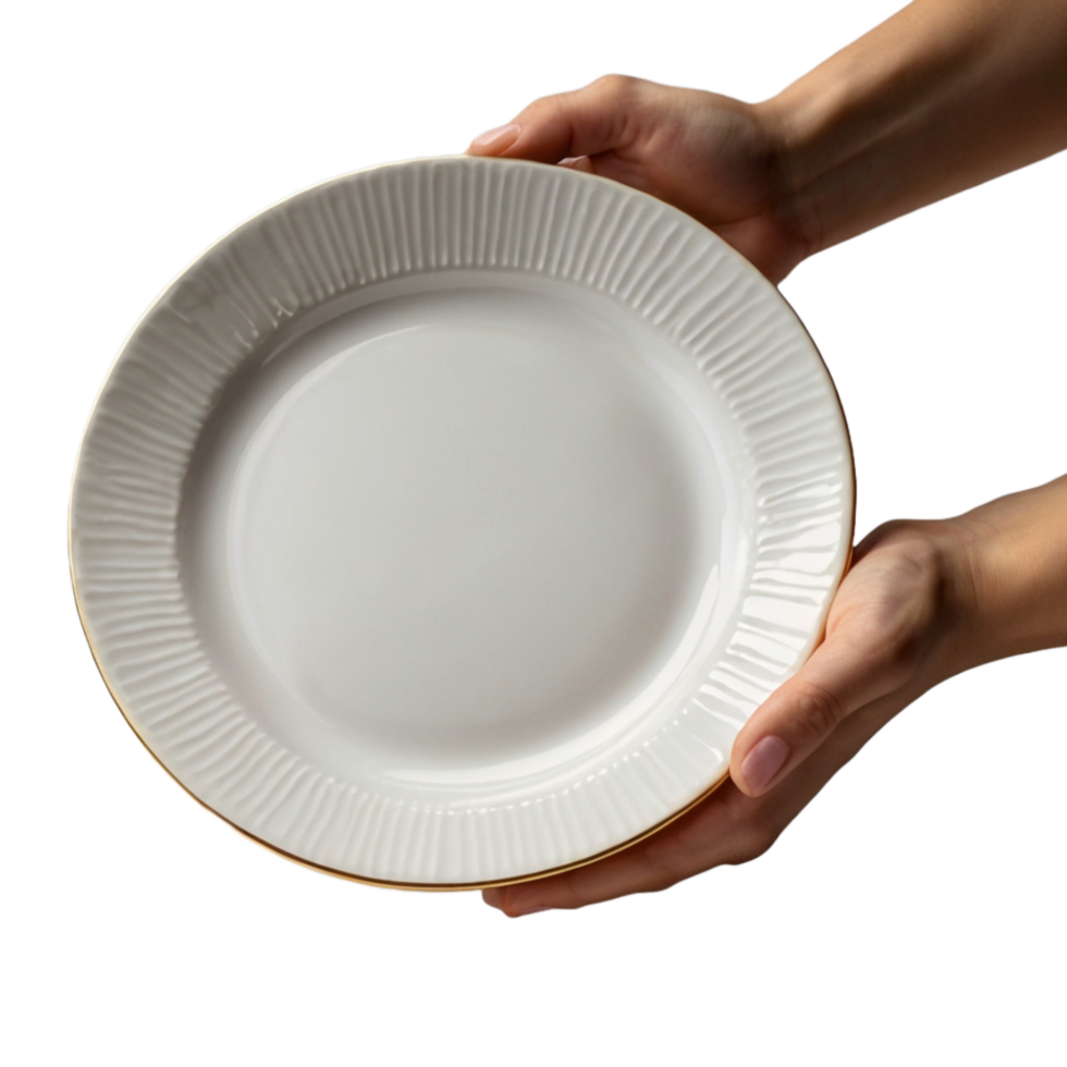 A person holding an empty white plate flat png