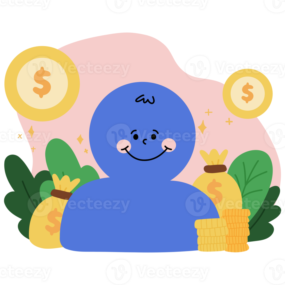 Mr. Finance smiling with money and coins finance scene png