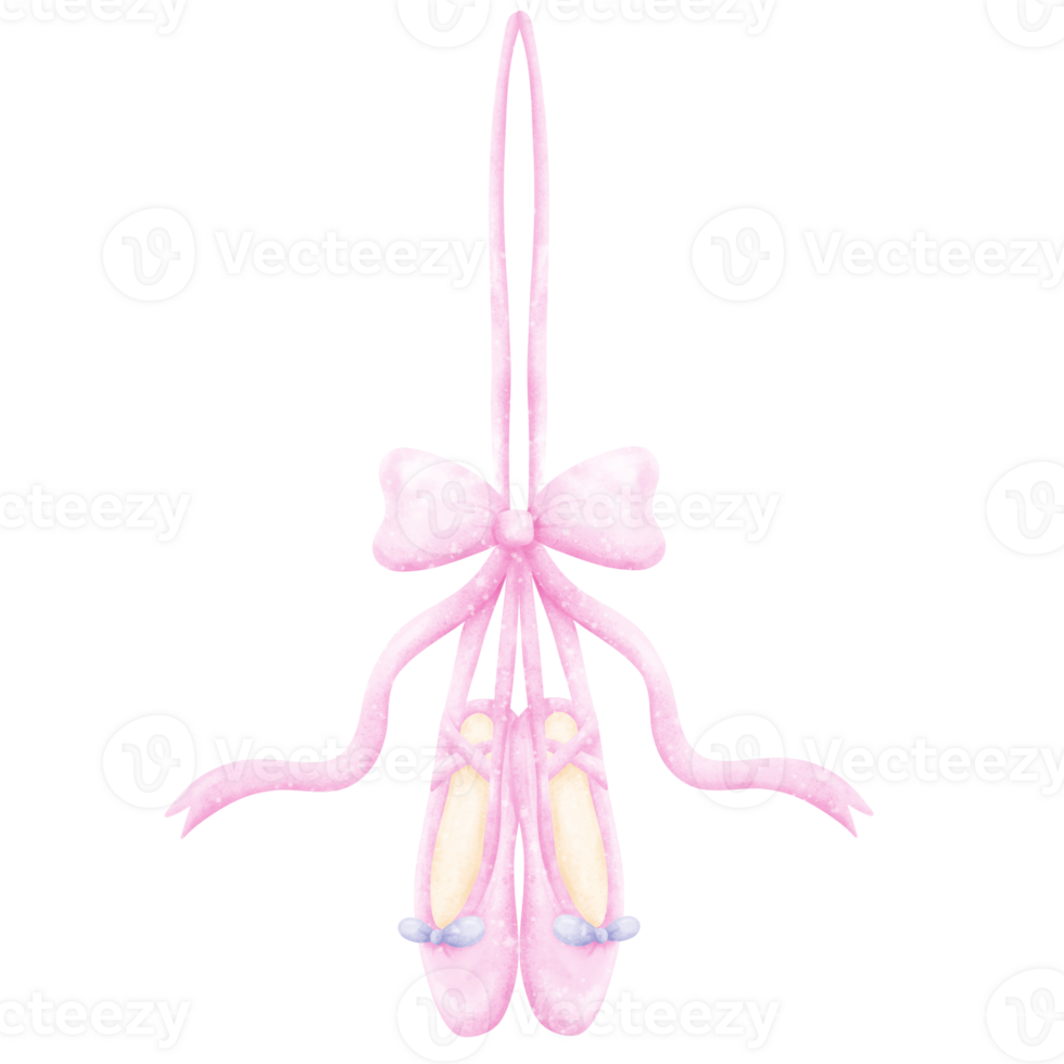 Soft Pink Ballet Shoe with Hanging Ribbon Watercolor Illustration png