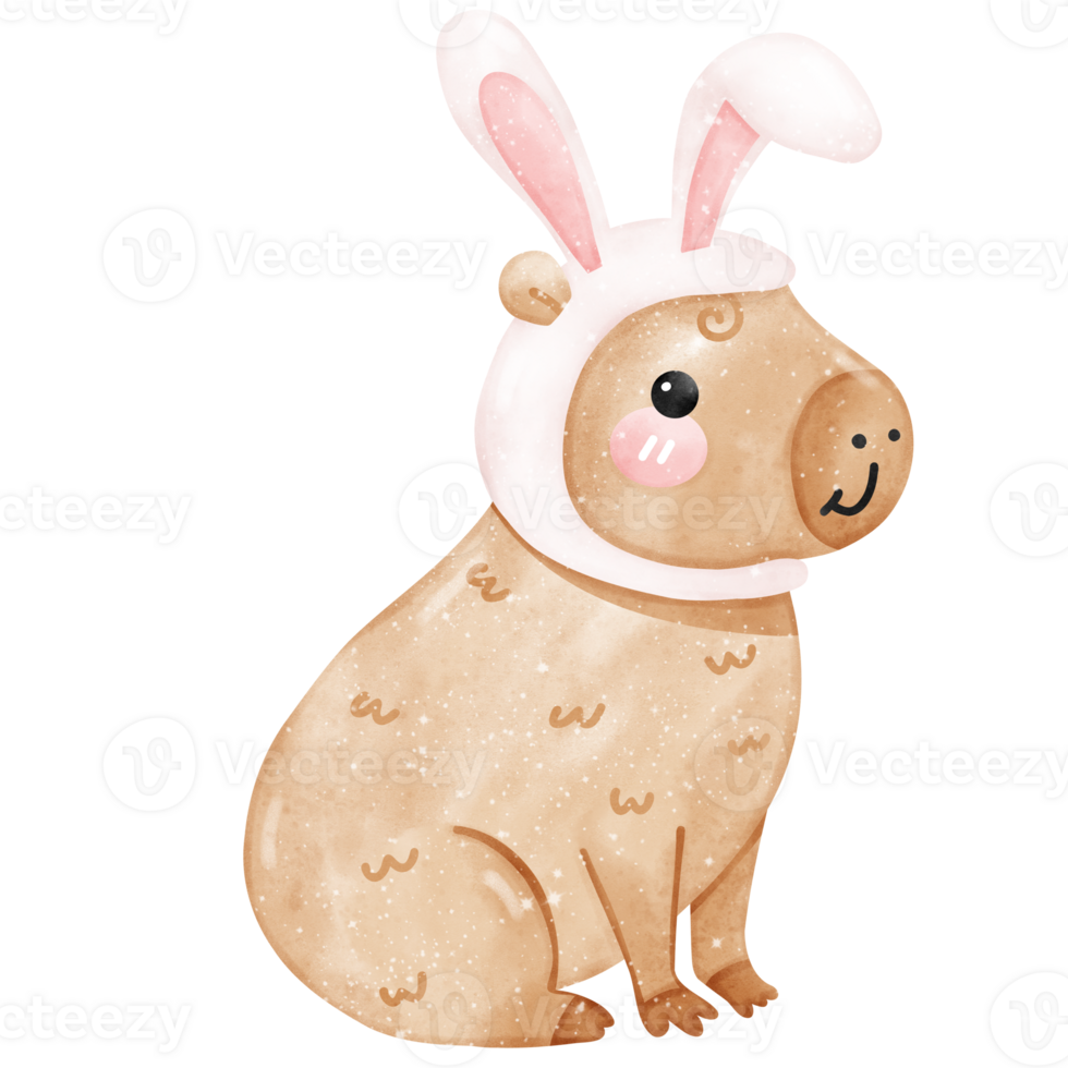 Kawaii capybara in bunny ears in watercolor png