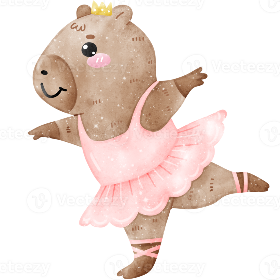 Playful Ballet Capybara in Pink Tutu with Crown Ballet Pose Watercolor png
