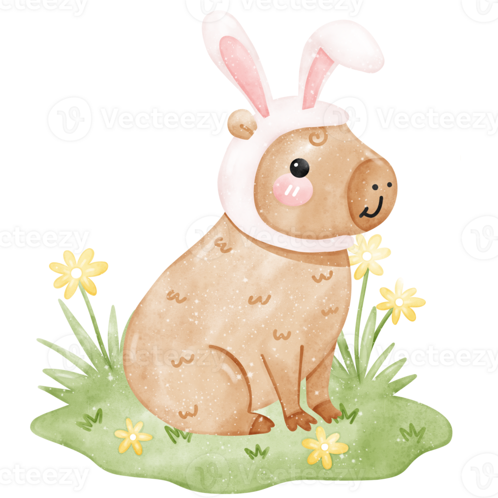 Capybara with Bunny ears sitting on grass easter day png
