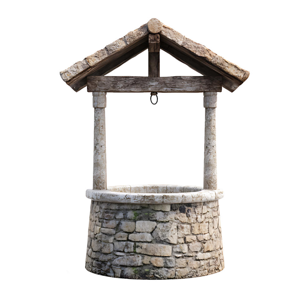 A stone well with a roof and a stone wall png