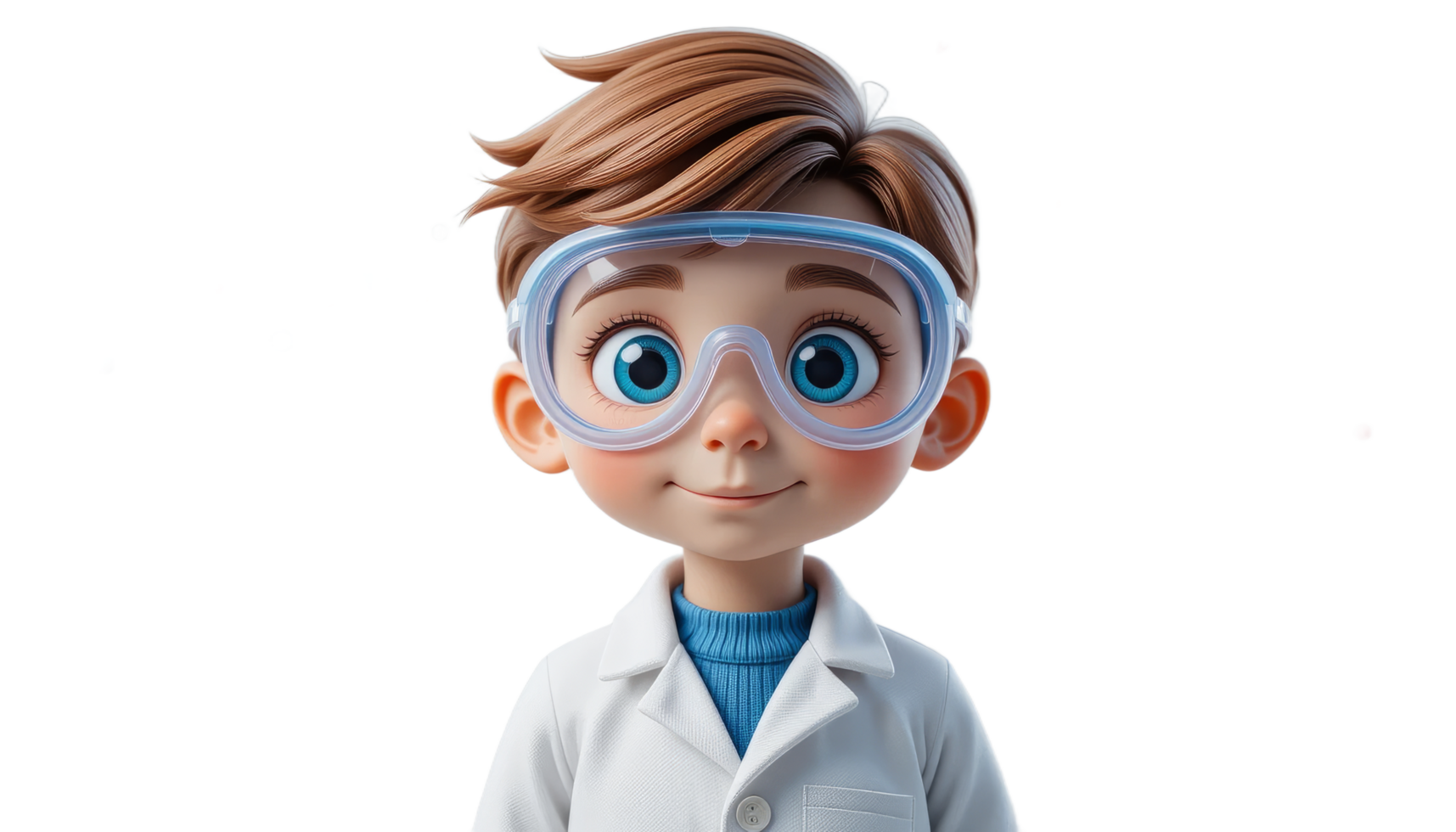 Smiling Child in Lab Coat and Safety Glasses 3D Render png