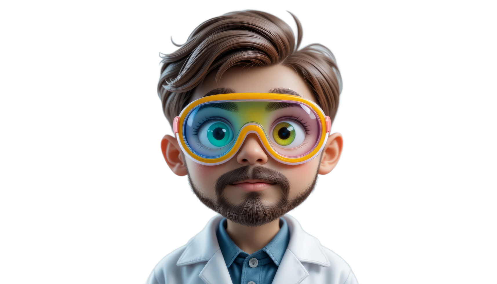 Cartoon Scientist Portrait Colorful Goggles, Lab Coat, 3D Rendering png