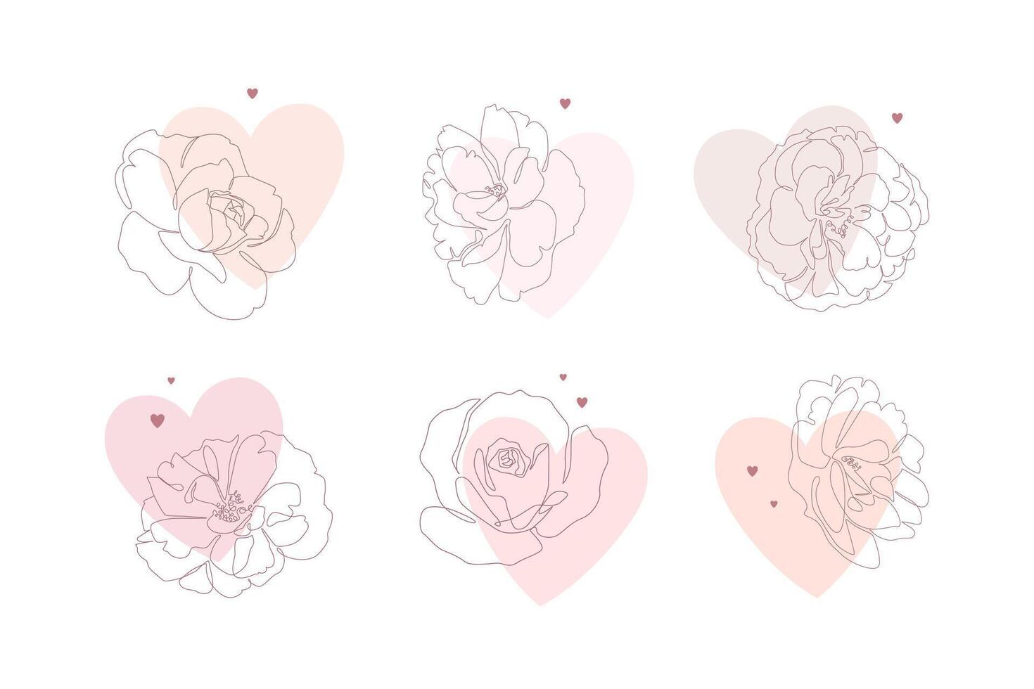 Continuous line flowers with small hearts. Set of roses single line illustration for print or web. Minimalist style floral design vector