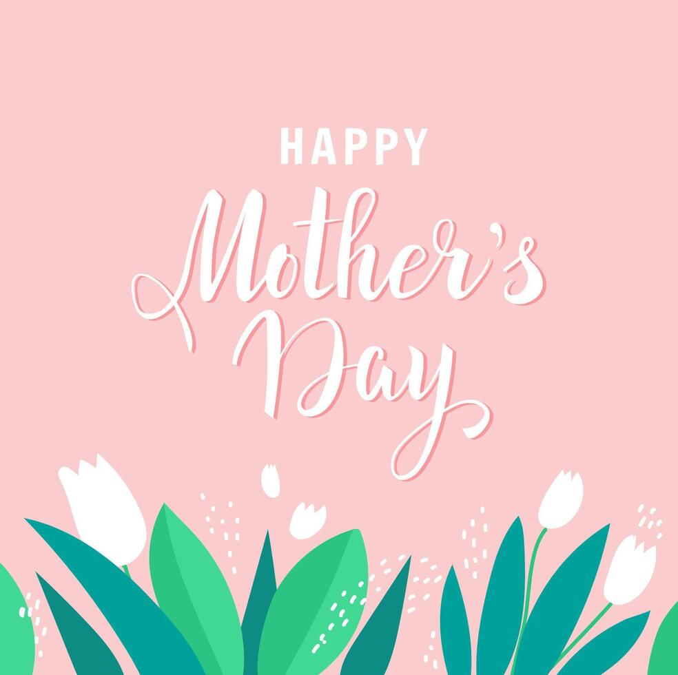 Happy Mother's day banner design template with hand-drawn lettering and floral elements on pink background. Illustration for greeting card or banner vector