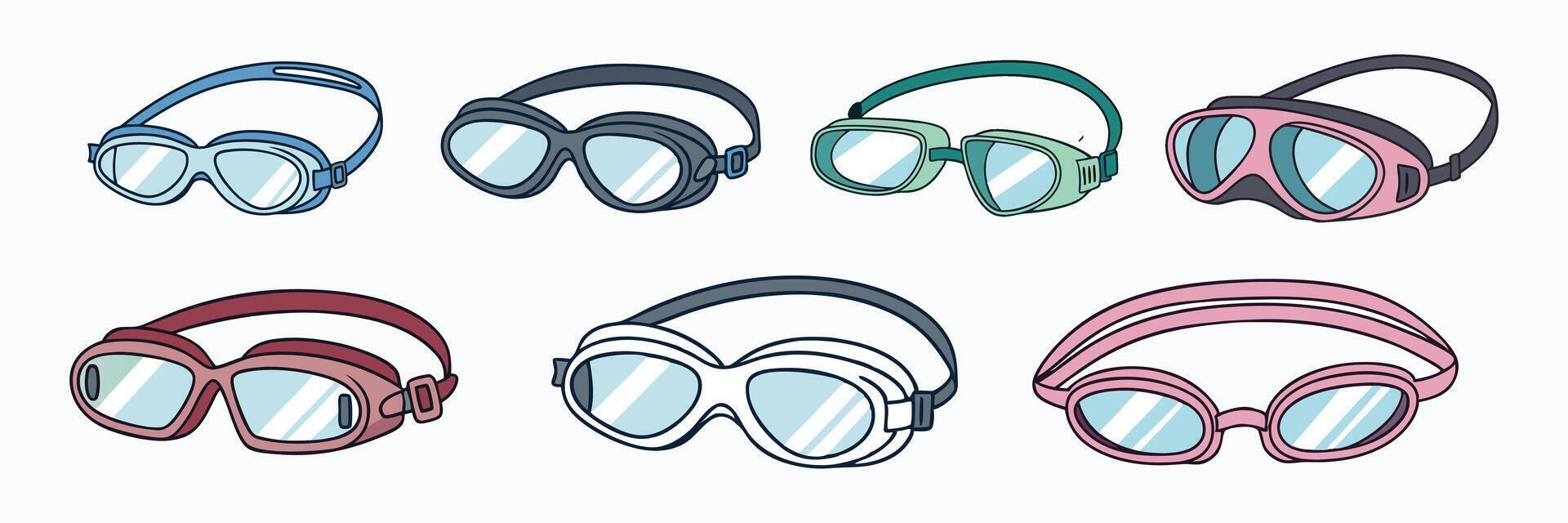 Colorful Swimming Goggles Set Stylish and Protective Eyewear for Pool and Ocean Activities vector
