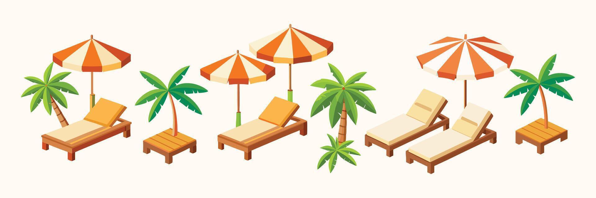 Relaxing Beach Scene Deck Chairs Palm Trees and Beach Umbrellas for Summer Vacation vector