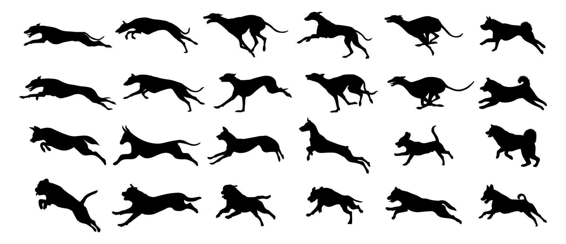Collection of Energetic Running Dog Silhouettes Isolated on White Background vector