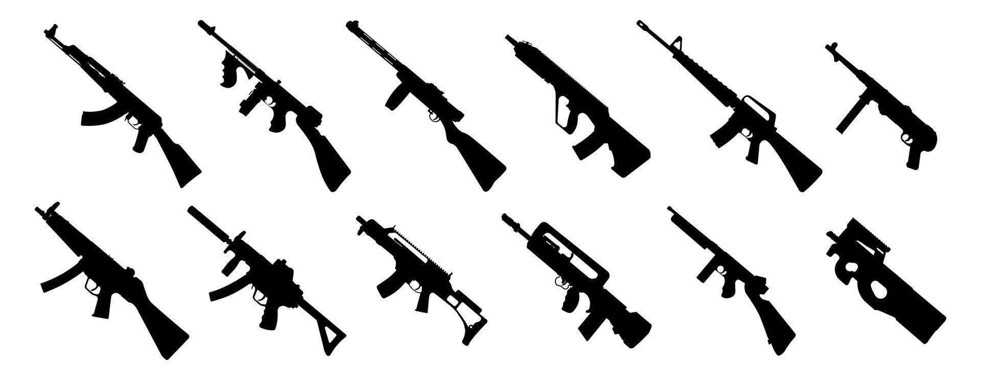 Collection of Assault Rifle Silhouettes on White Background vector