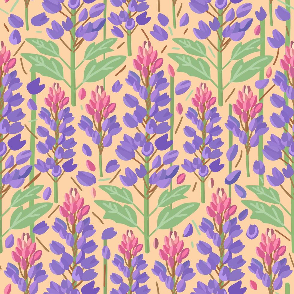 floral seamless pattern with lupines on light peachy background vector