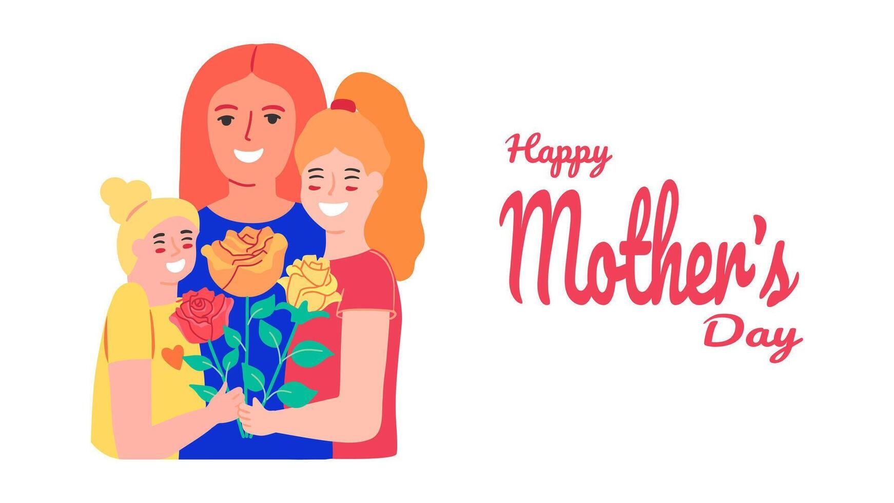 Mother's Day colorful card with mom and daughters. Hand drawn greeting poster vector