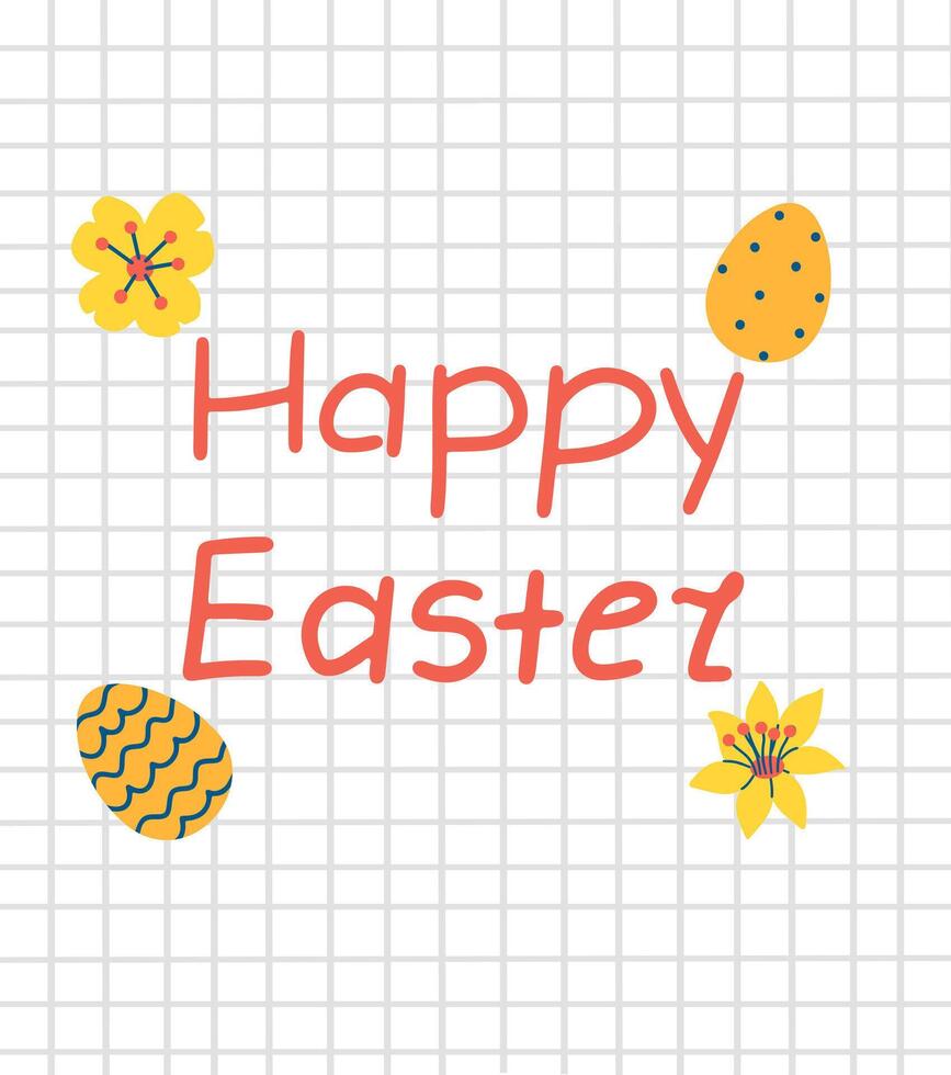 Happy Easter card with handwritten text and doodle eggs. vector