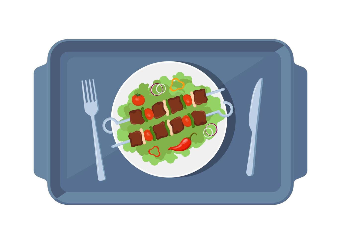 Meal tray with food for lunch, top view. Kebab, shashlik, grilled on skewer, food meat. Shish kebab with slice onions, pepper, and tomato. Knife and fork. illustration. vector