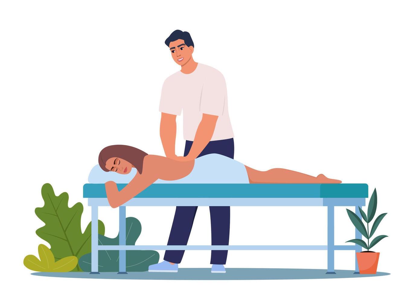 Man massage therapist standing near the massaging table. Client lying on front. Human back acupressure, physiotherapy. Male masseur physiotherapist. illustration vector