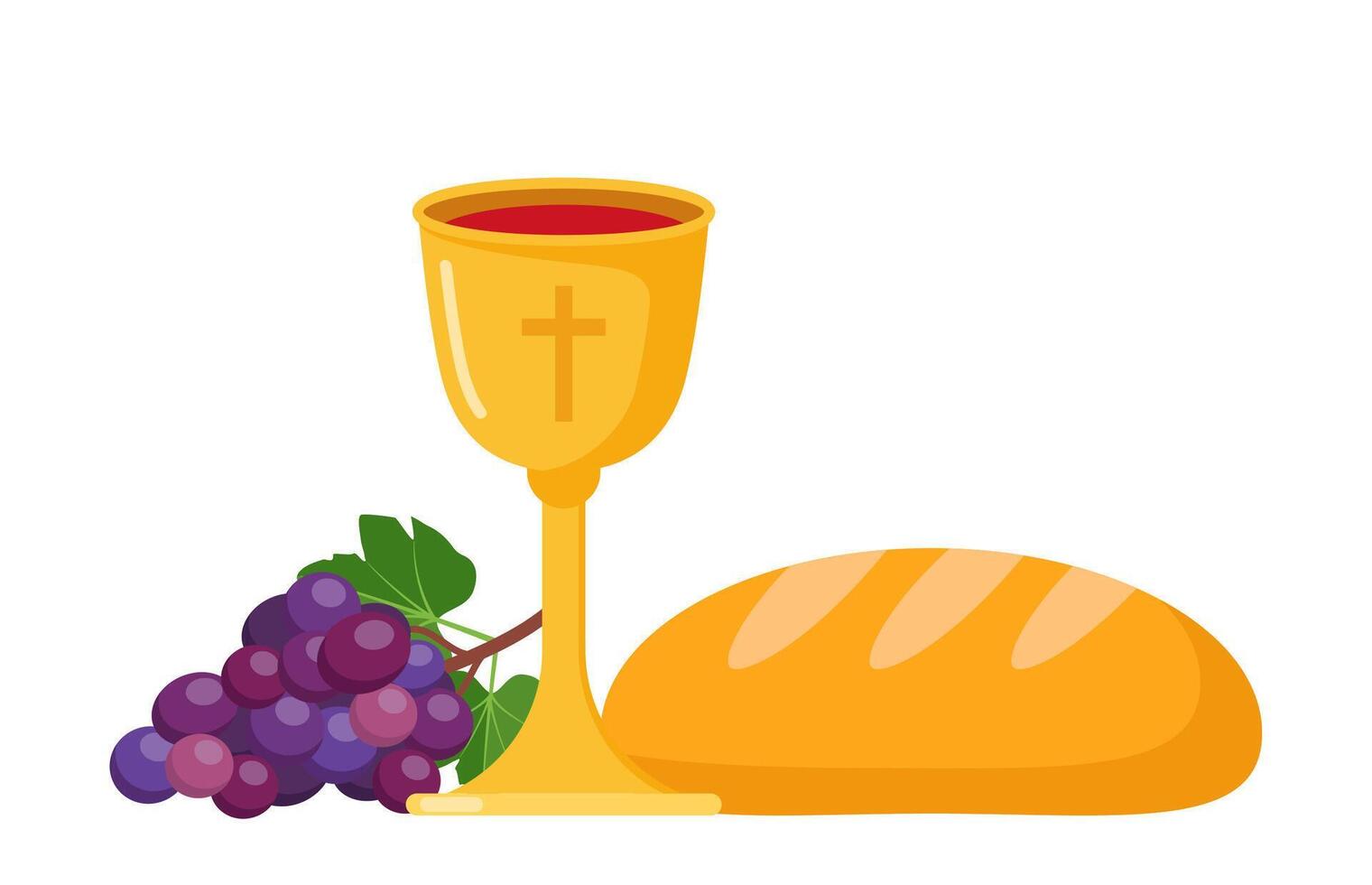 Catholic First Communion. Golden bowl for wine, bread, wine, grapes. Elements for beautiful invitation design. illustration. vector