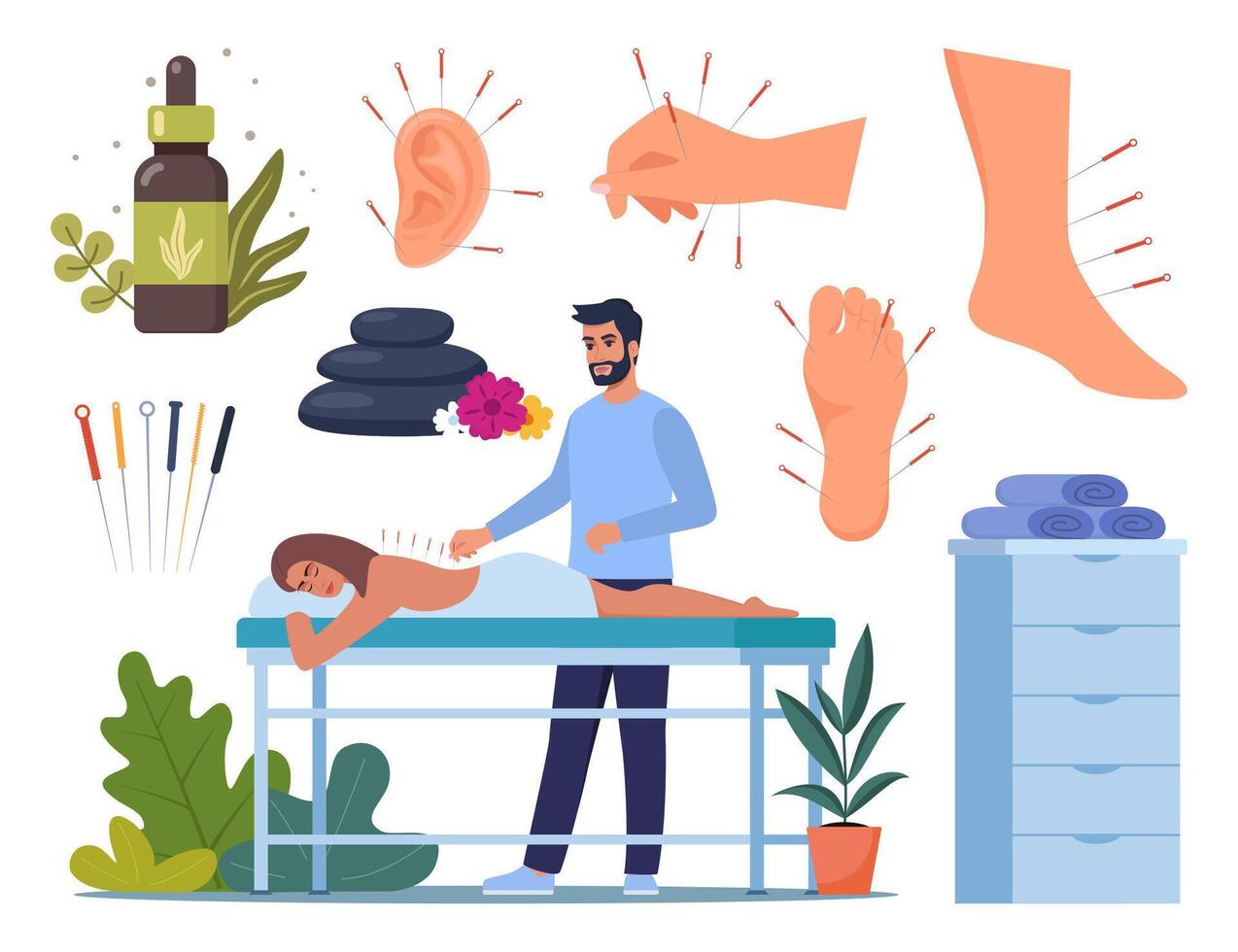 Alternative Medicine icons. Holistic center, naturopathic medicine, acupuncture, aromatherapy, massage, spa. Elements for web site, print design, business card vector