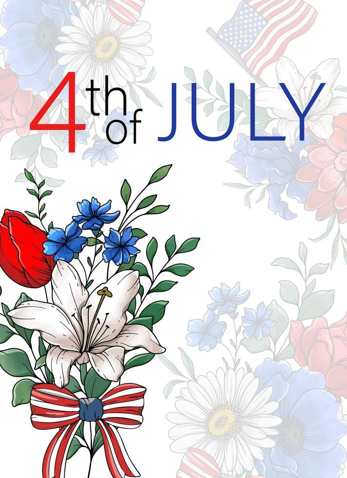 4th of July patriotic Flower Design. Independence day Illustrations. US Patriotic colors flower bouquet. US flag design with flowers. 4 July design template. vector