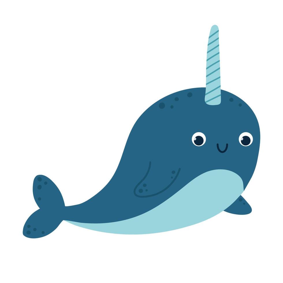 Cute cartoon narwhal with smiling face and blue body isolated on white background vector