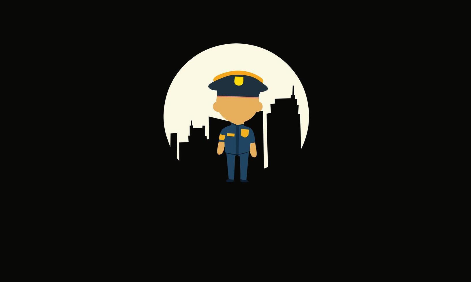 Cartoon depiction of a police officer in uniform with a navy blue cap and badge, set against a city skyline silhouette vector