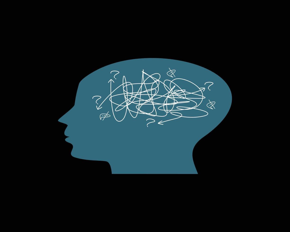 Question marks scattered among the lines enhance the sense of uncertainty or mental chaos. This illustration visually symbolizes concepts related to mental health, stress, or cognitive processes. vector