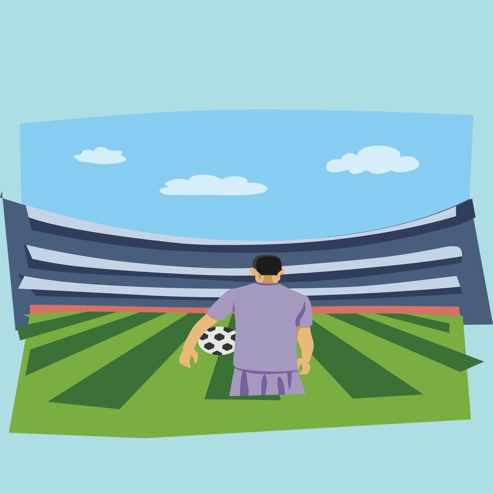 A male soccer player stands on a green field with a black-and-white soccer ball under his arm. He wears a purple uniform and faces a large vector