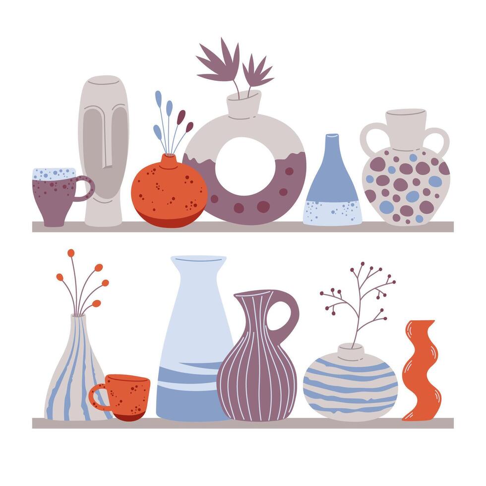 Collection of trendy ceramic vases on shelves. pottery, hand drawn illustration in flat scandinavian style vector