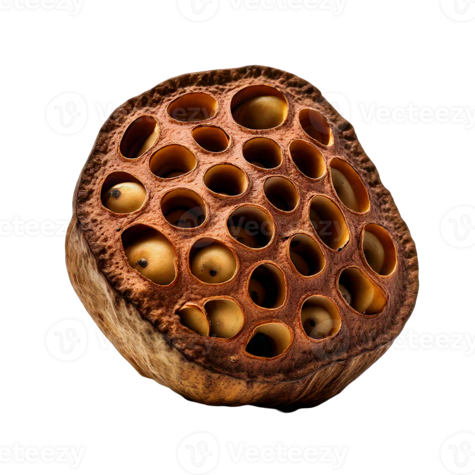 A dried lotus seed pod with intricate, sculptural details. png