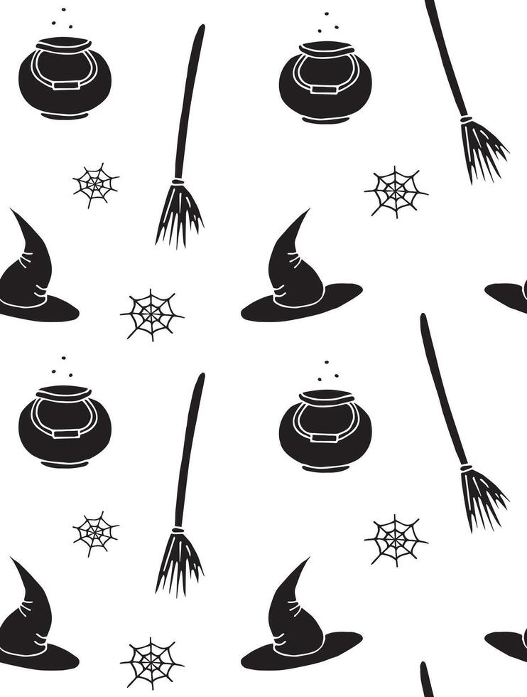 Seamless pattern of black hand drawn doodle sketch witch hat bowl and broom isolated on white background vector