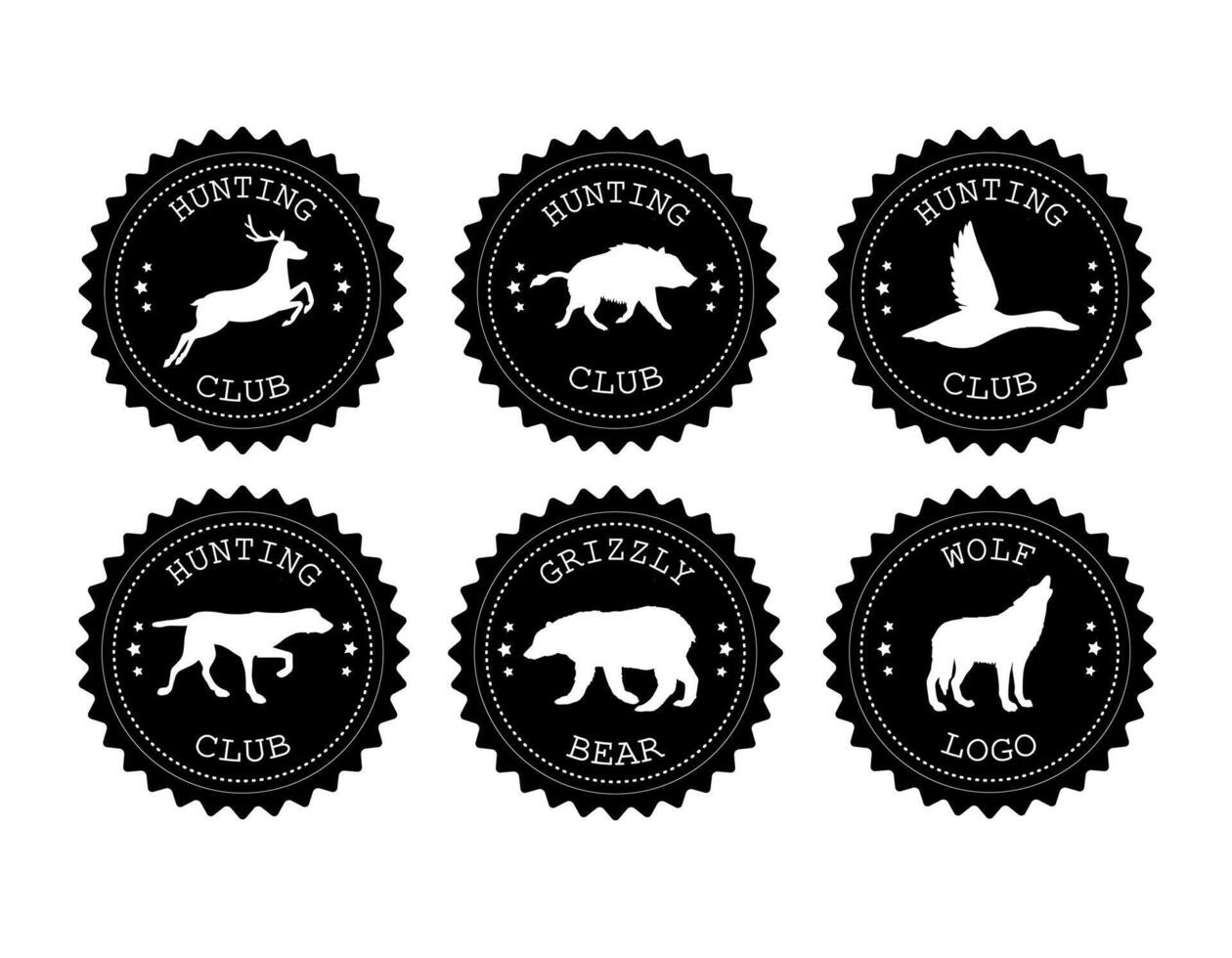 Set bundle of flat retro round hunting logo with animals silhouette vector