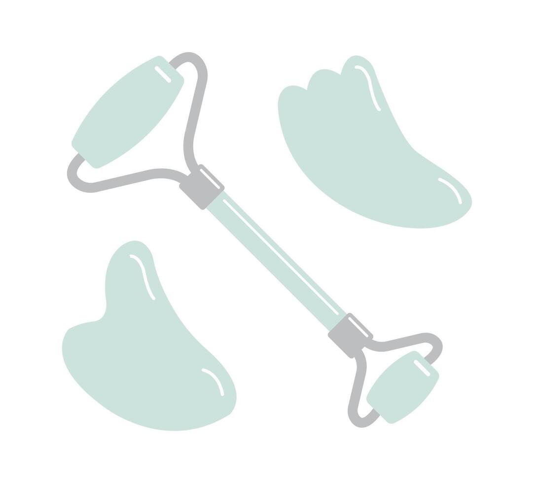 Set of flat cartoon stone face roller and gua sha isolated on white background vector