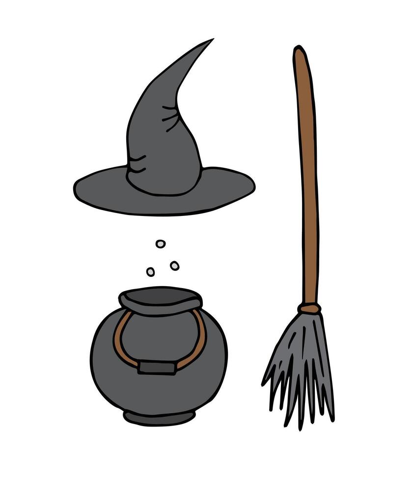 Set bundle of hand drawn doodle witch hat bowl and broom isolated on white background vector