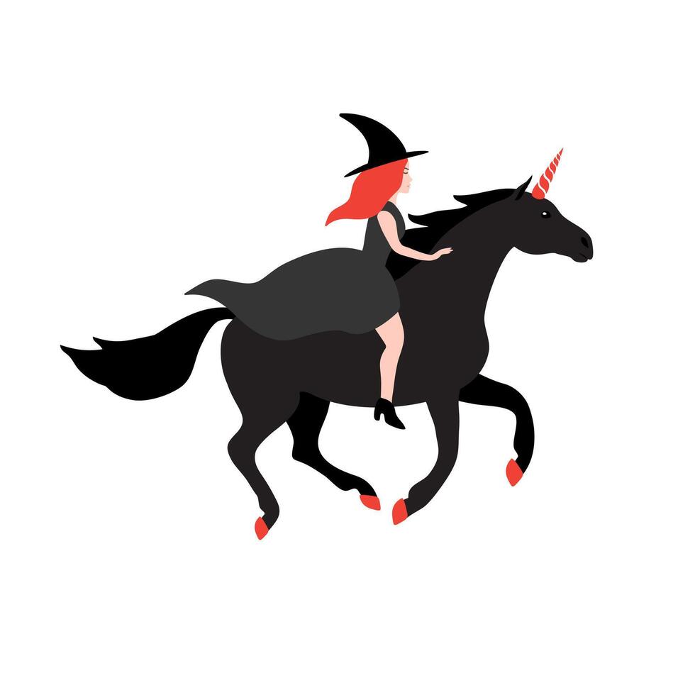 Flat cartoon witch riding unicorn isolated on white background vector