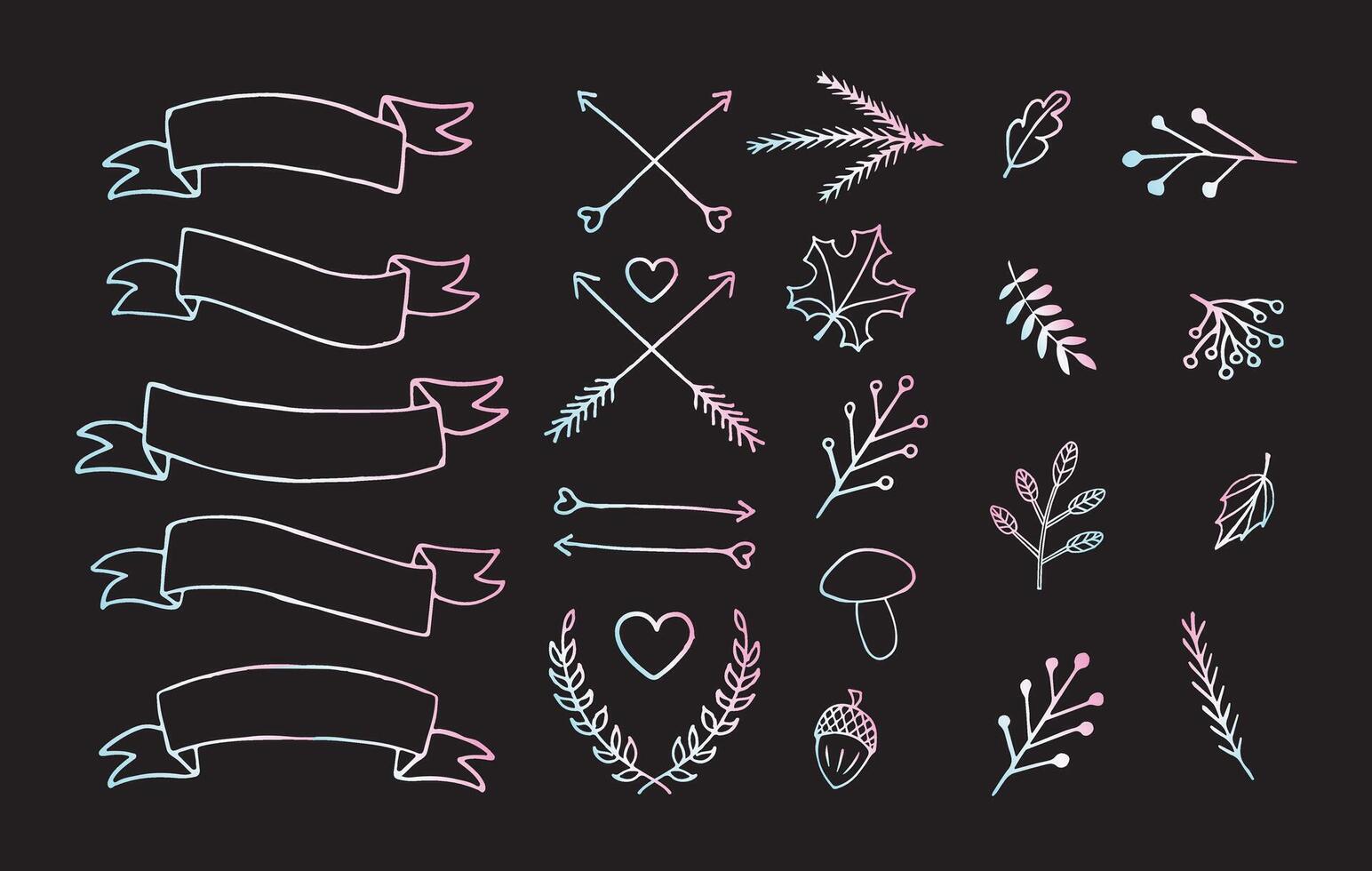 Set bundle of hand drawn doodle sketch autumn elements isolated on black background vector