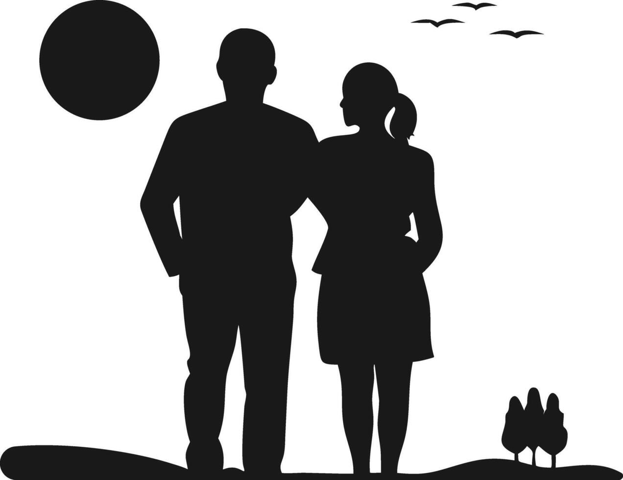 Couple Silhouette Watching Sunset Scene. Silhouette Of a Couple. Sunset Silhouette. Couple Sunset. vector