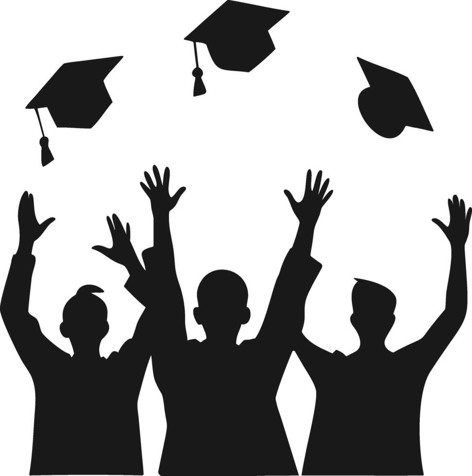 WeGraduation Celebration Students throwing caps in the air. Students Throwing Hats . Silhouette Of Graduates Celebrating. vector