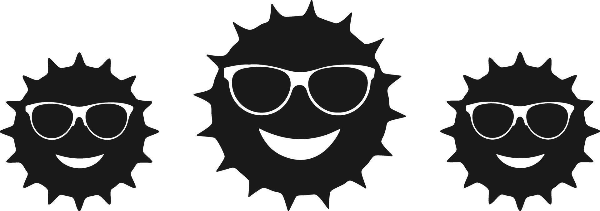 Smiling Sun Icons with Sunglasses for Summer Vibes. Happy Sun Faces with Sunglasses. Summer Theme Silhouette. vector