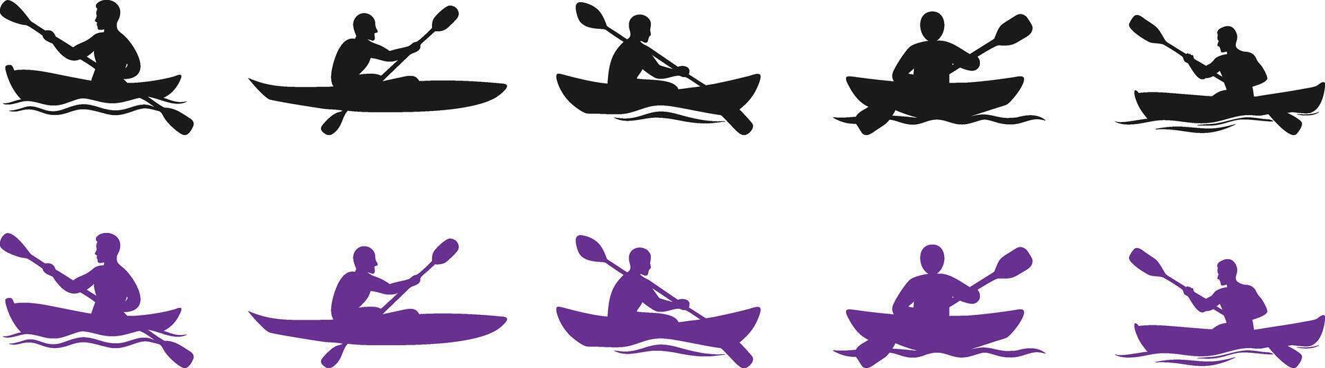 Silhouette Bundle of Man Kayaking. Man in Kayak Silhouette Set. Paddling Kayak Silhouettes. vector