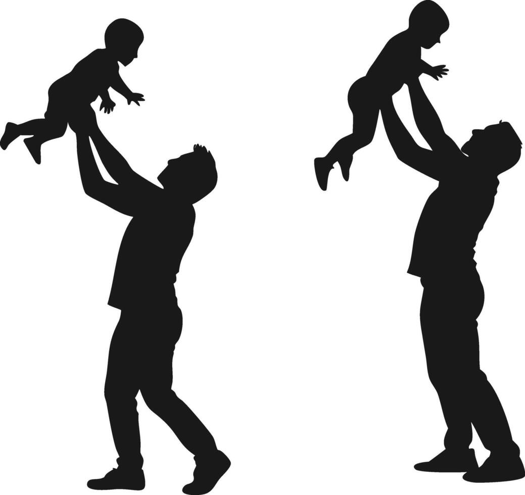 Silhouette of a Happy Father Lifting Child in the Air. Dad Lifting Baby Silhouette Art. Father and Child Silhouette. vector