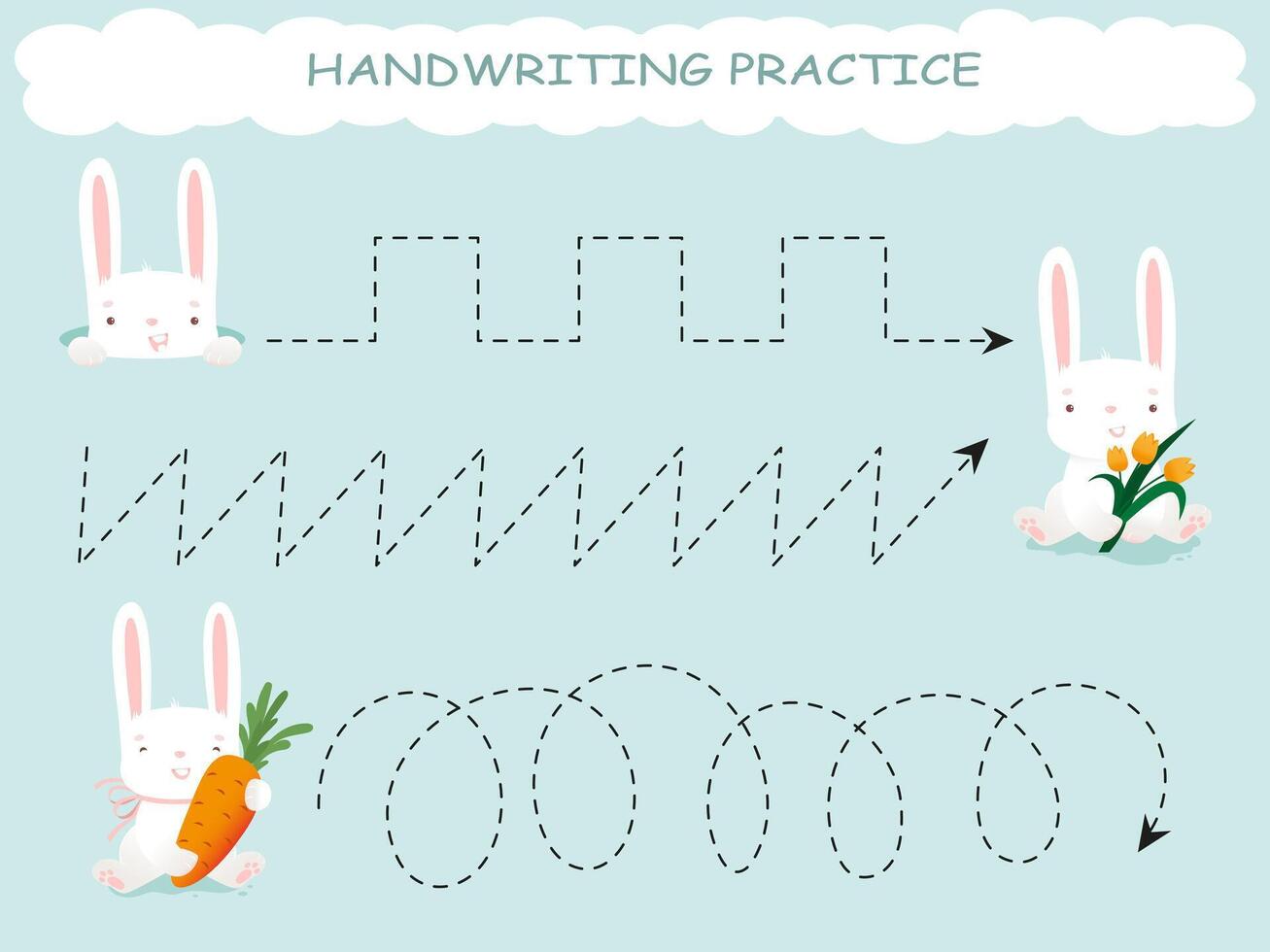 Handwriting practice. Cute rabbit with carrot. Drawing lessons. Education developing worksheet. Activity page. vector