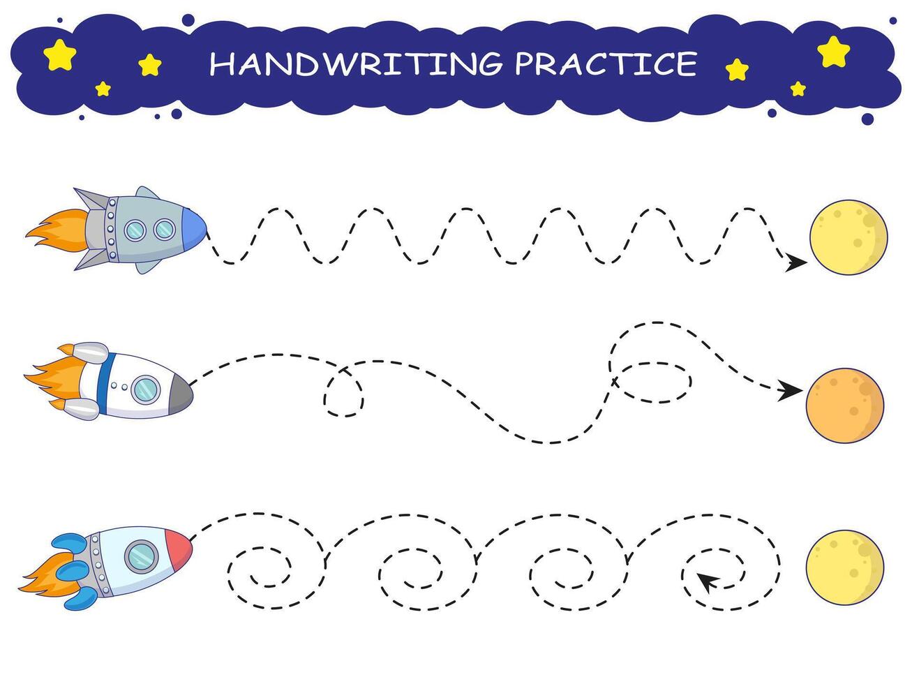 Handwriting practice. Cartoon space ship. Drawing lessons. Education developing worksheet. Activity page. vector
