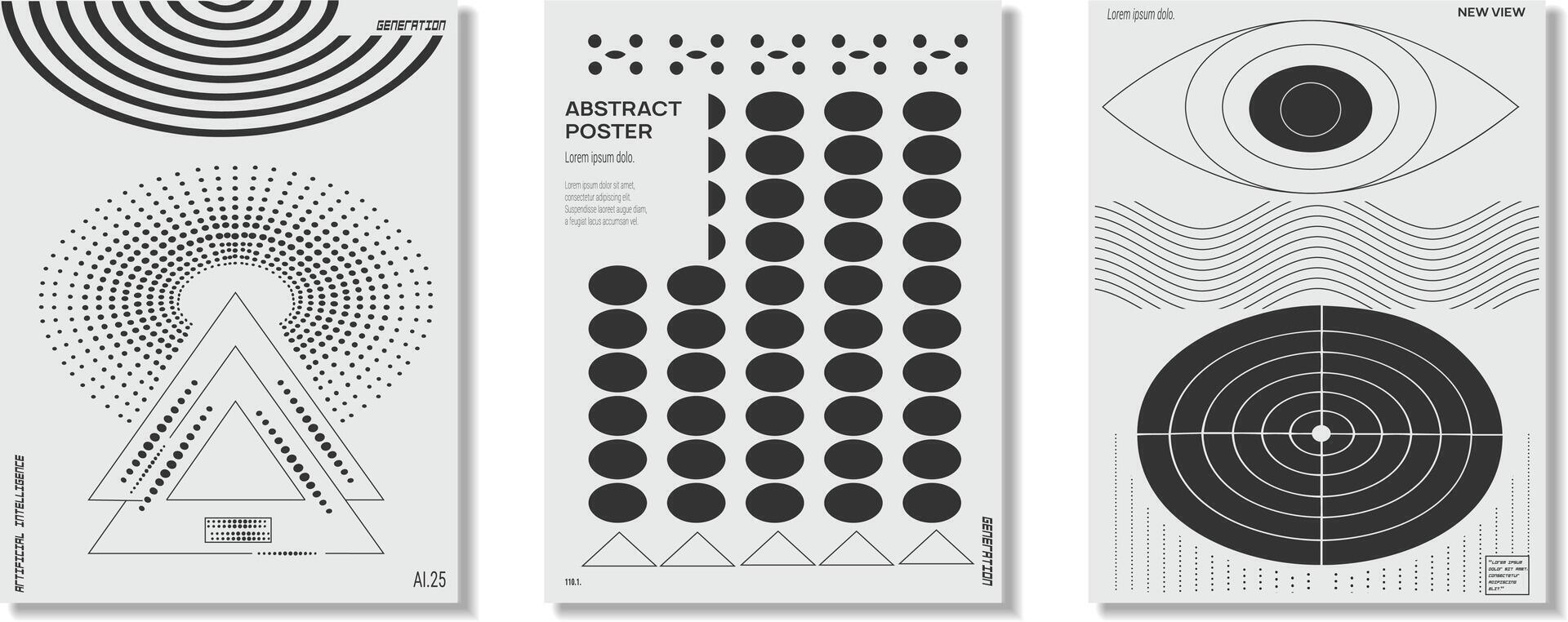 Retro black and white geometric poster, abstract circle, triangle and square line art. vector