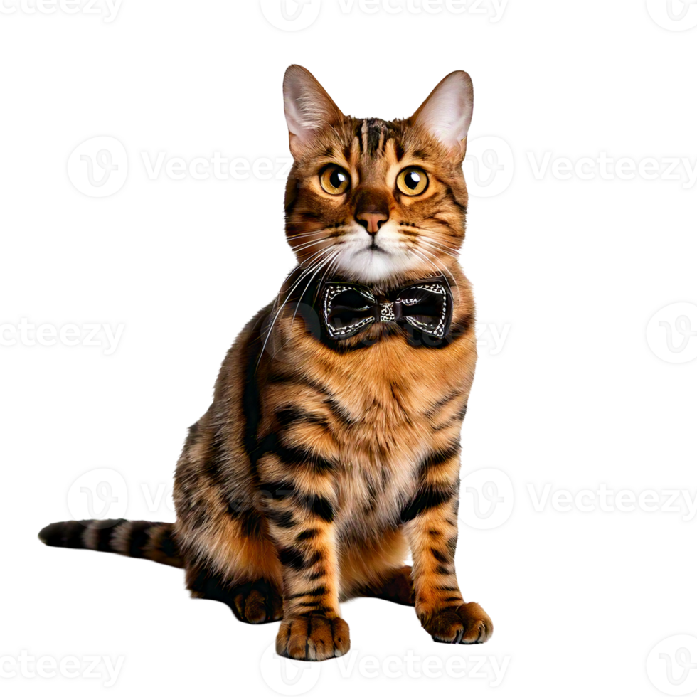A smart Bengal cat with a sleek leather collar and bowtie. png