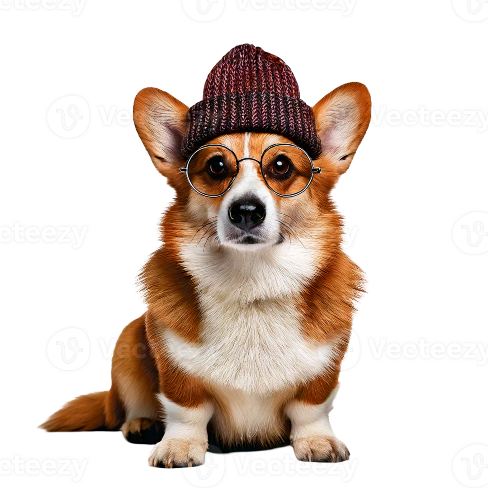 A smart corgi wearing round hipster glasses and a beanie png