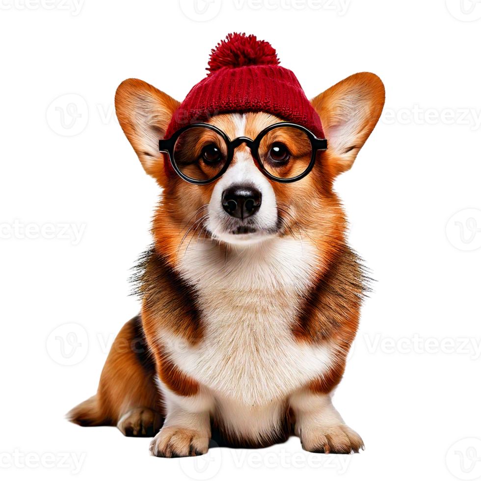 A corgi wearing round hipster glasses and a beanie. png